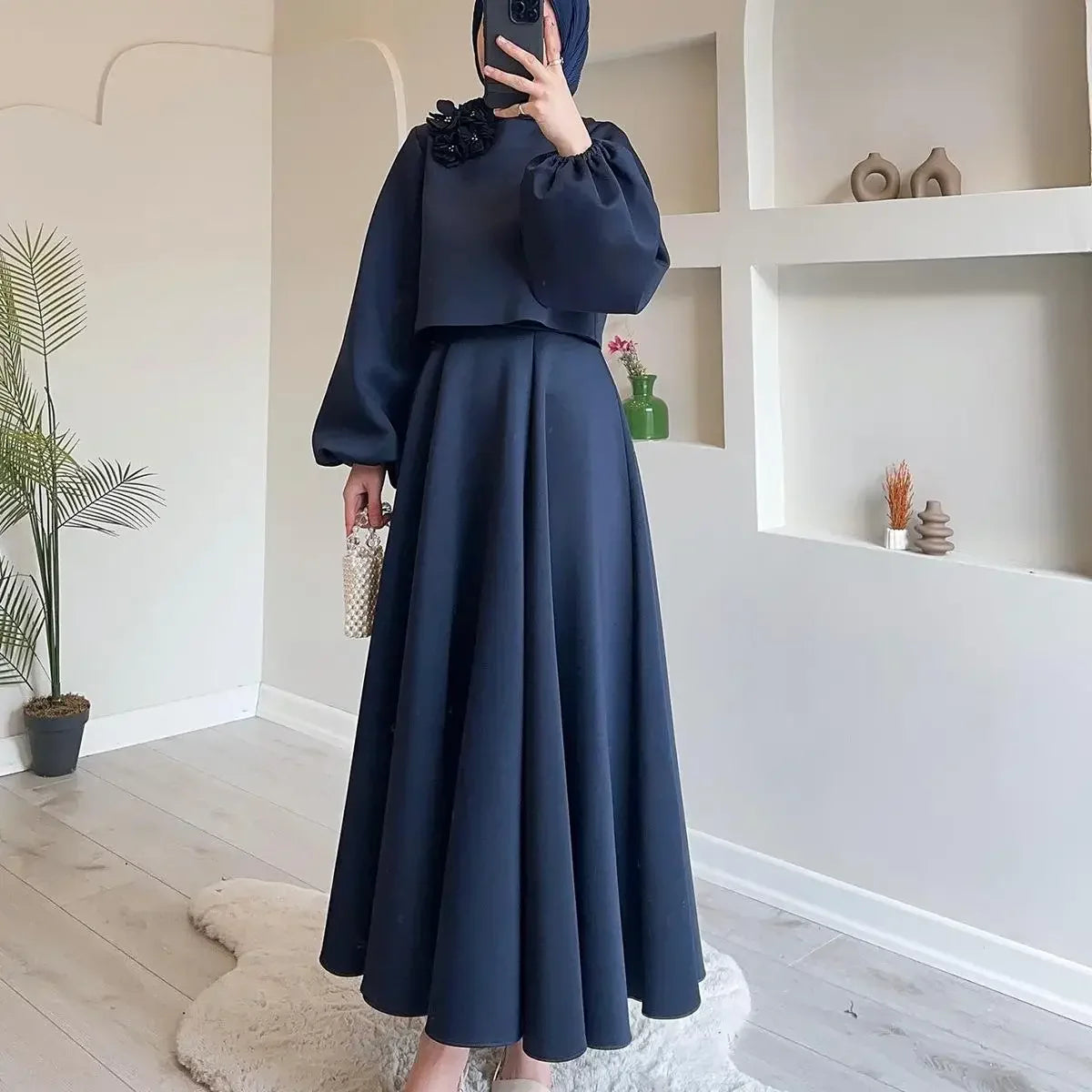 Ramadan Elegant 2 Piece Set Women Lantern Sleeve Flower Crop Top High Waist A-line Skirt Suit Spring Lady Abaya Turkey Sets navy blue