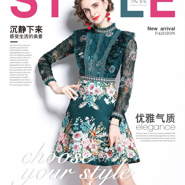 Spring Fashion Runway Flower Jacquard Dress Women's Beading Stand Long Sleeve Ruffles Lace Stitching Vintage Party Vestidos Dark Green