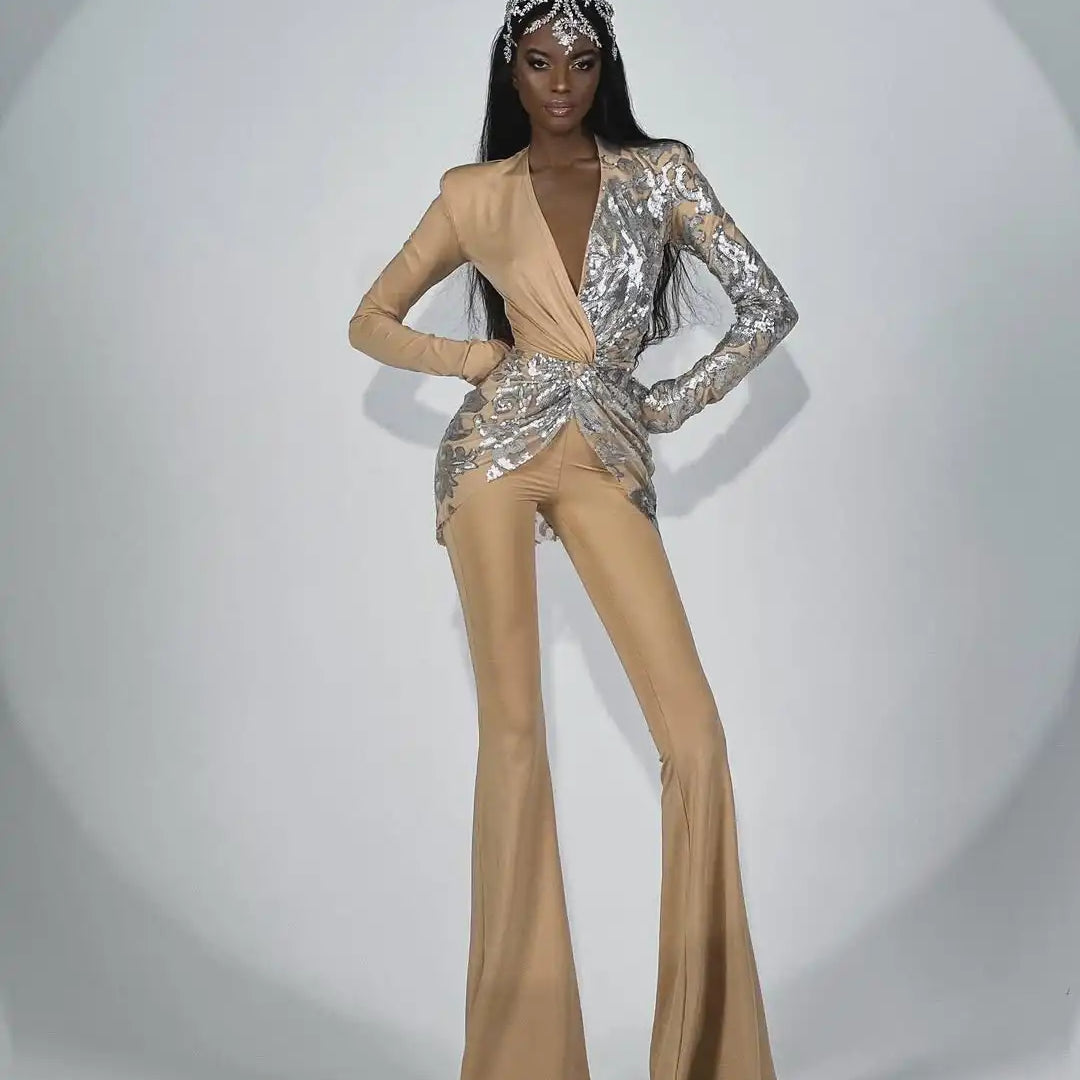 New Style Runway Fashion Khaki Color Women Long Sleeve Sexy V-Neck Sequins Bodycon Long Jumpsuit Celebrate Nightclub Party Wear