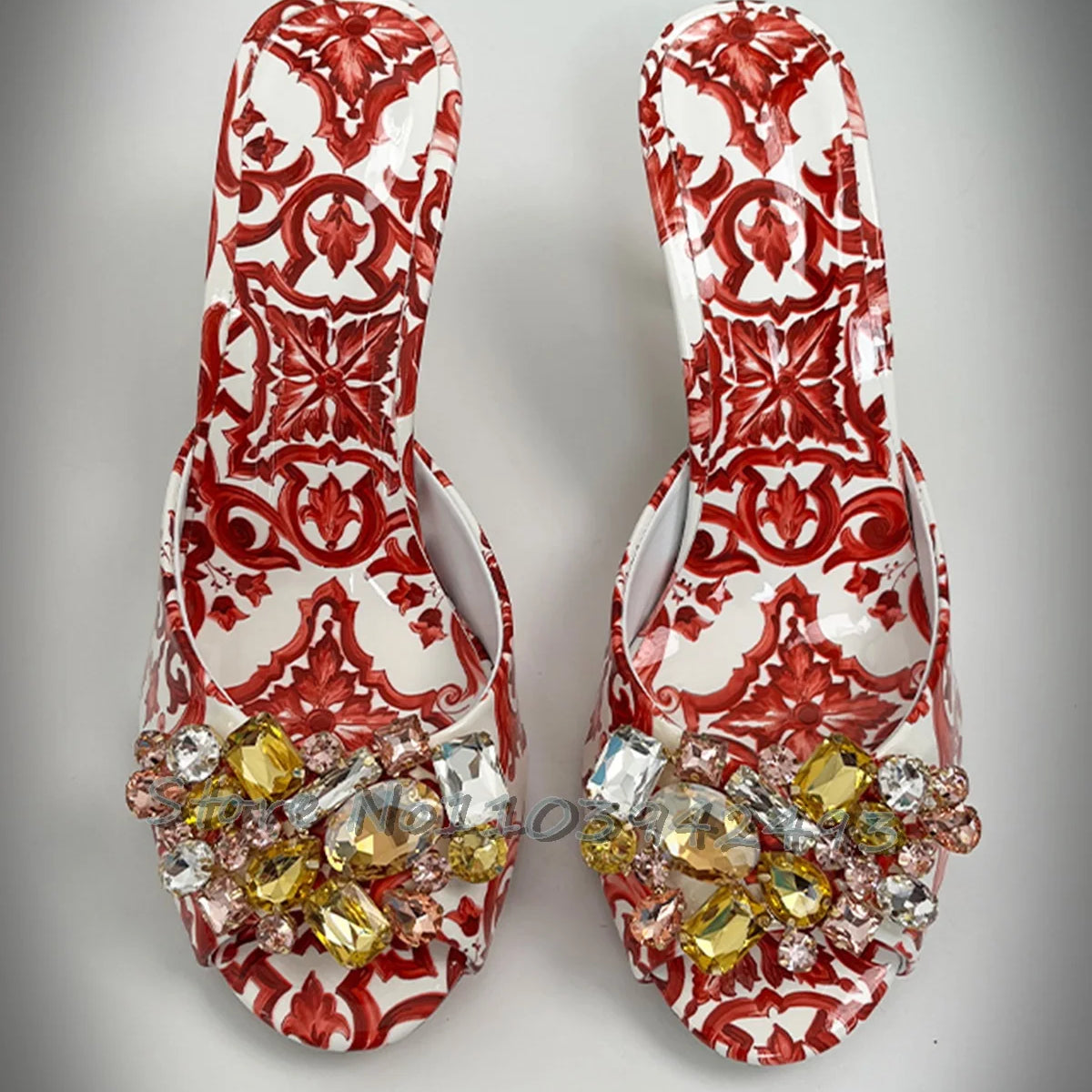 Elegant Summer Women's High Heel Baroque Print Jeweled Slides Sandals Baroque Fashion Crystal Embellished Open Back Shoes 2025 red 8cm