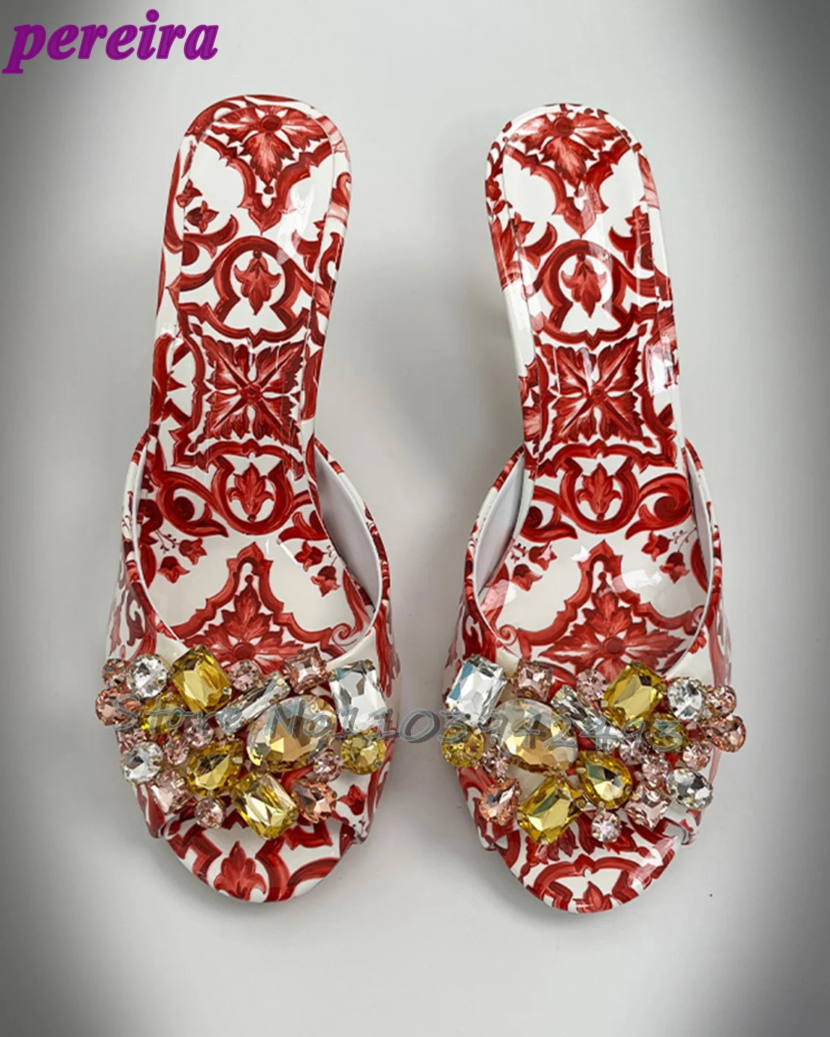 Elegant Summer Women's High Heel Baroque Print Jeweled Slides Sandals Baroque Fashion Crystal Embellished Open Back Shoes 2025 red 8cm