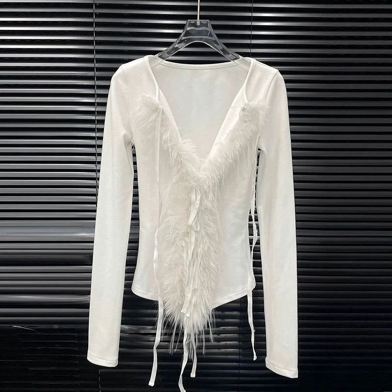 Autumn Winter New Lace-Up Slim Fit T-Shirt For Women High-End Layered Patchwork Base Shirt Top Female Trend 11A07879