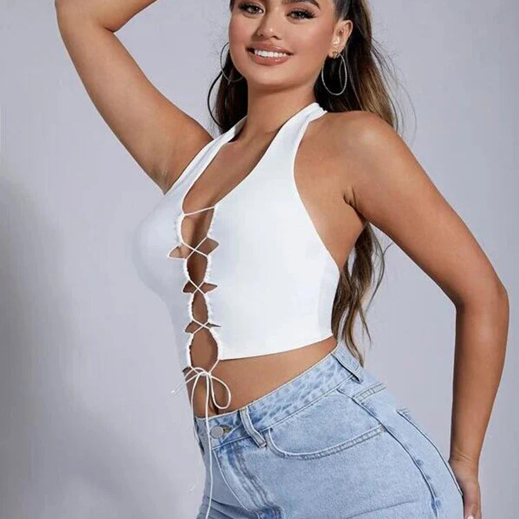 Lace Up Front Crop Halter Top Sleeveless Lace up Top Cutout Front Cami Tank