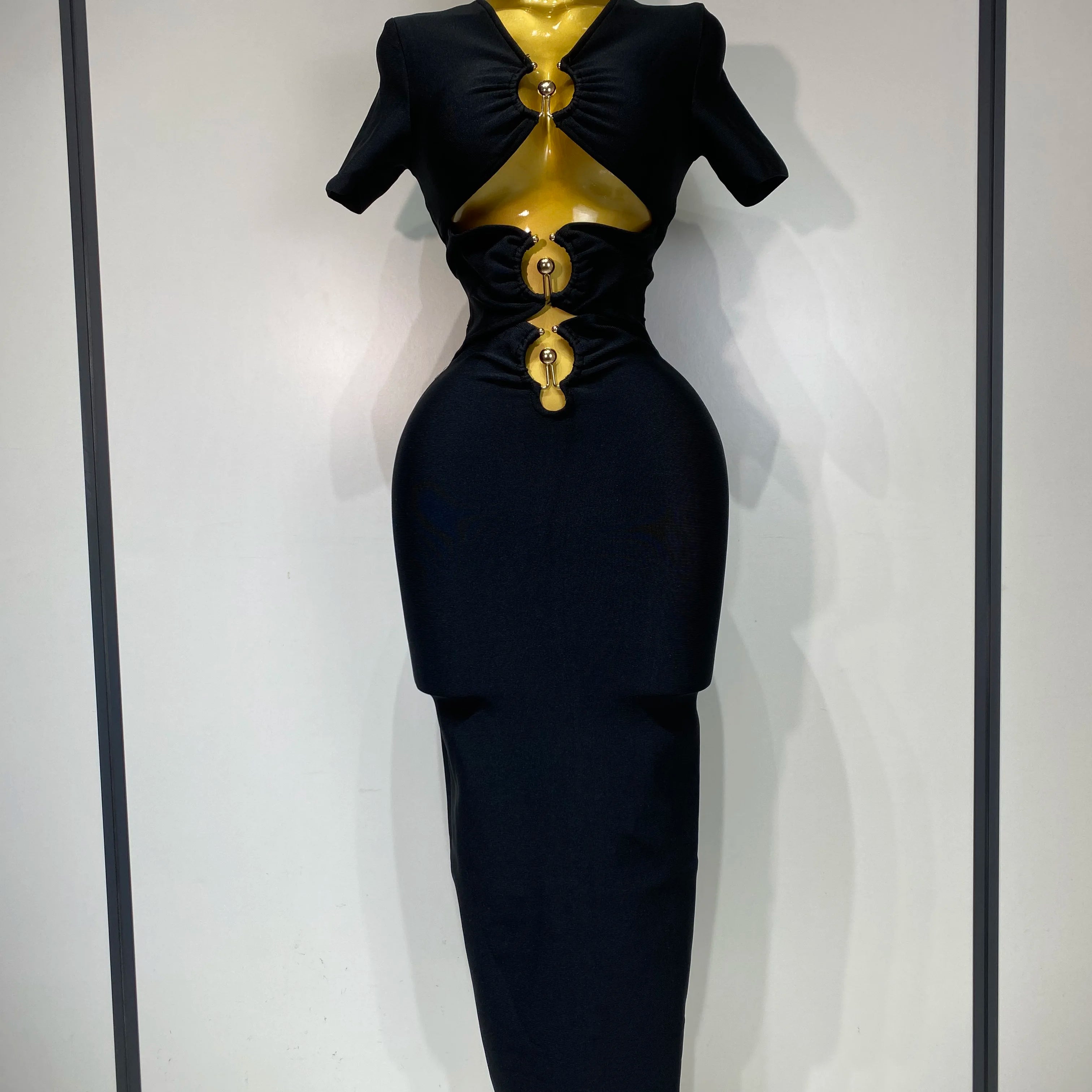 Women Sexy Cut Out Short Sleeve Bodycon Long Dress 2025 Party Evening Celebrate Birthday Black Bandage Knitted Club Prom Gown black