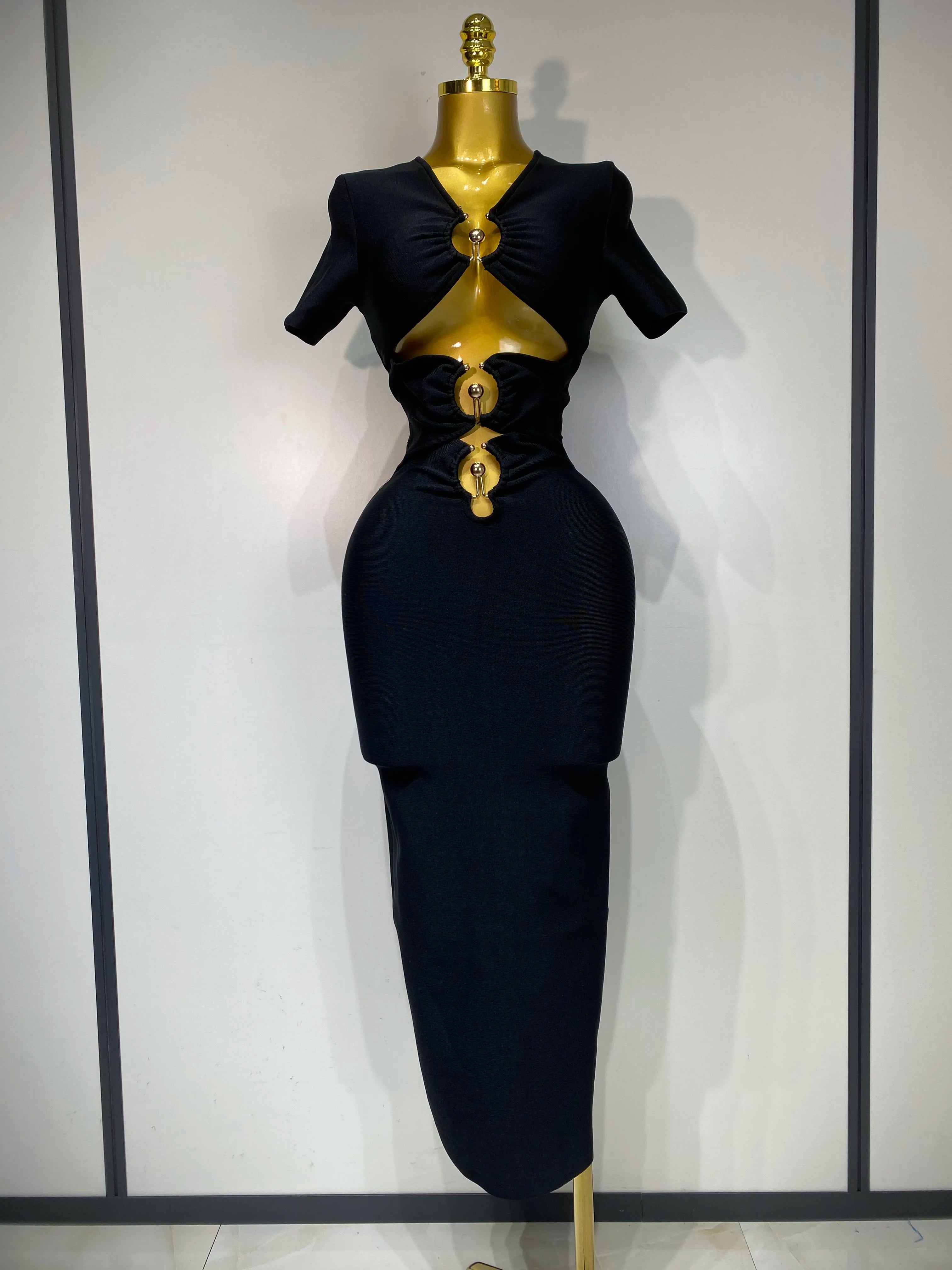 Women Sexy Cut Out Short Sleeve Bodycon Long Dress 2025 Party Evening Celebrate Birthday Black Bandage Knitted Club Prom Gown black