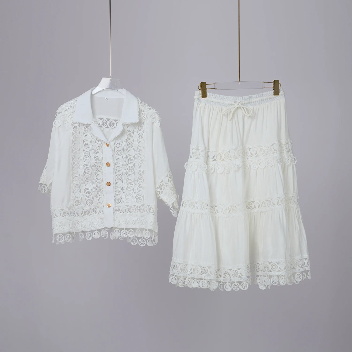 Embroidery 2 Pieces Set Women Hollow Out Loose Shirt Tops + Elastic Waist Midi Skirts Suit Summer Vacation Lace Ladies Outfit white