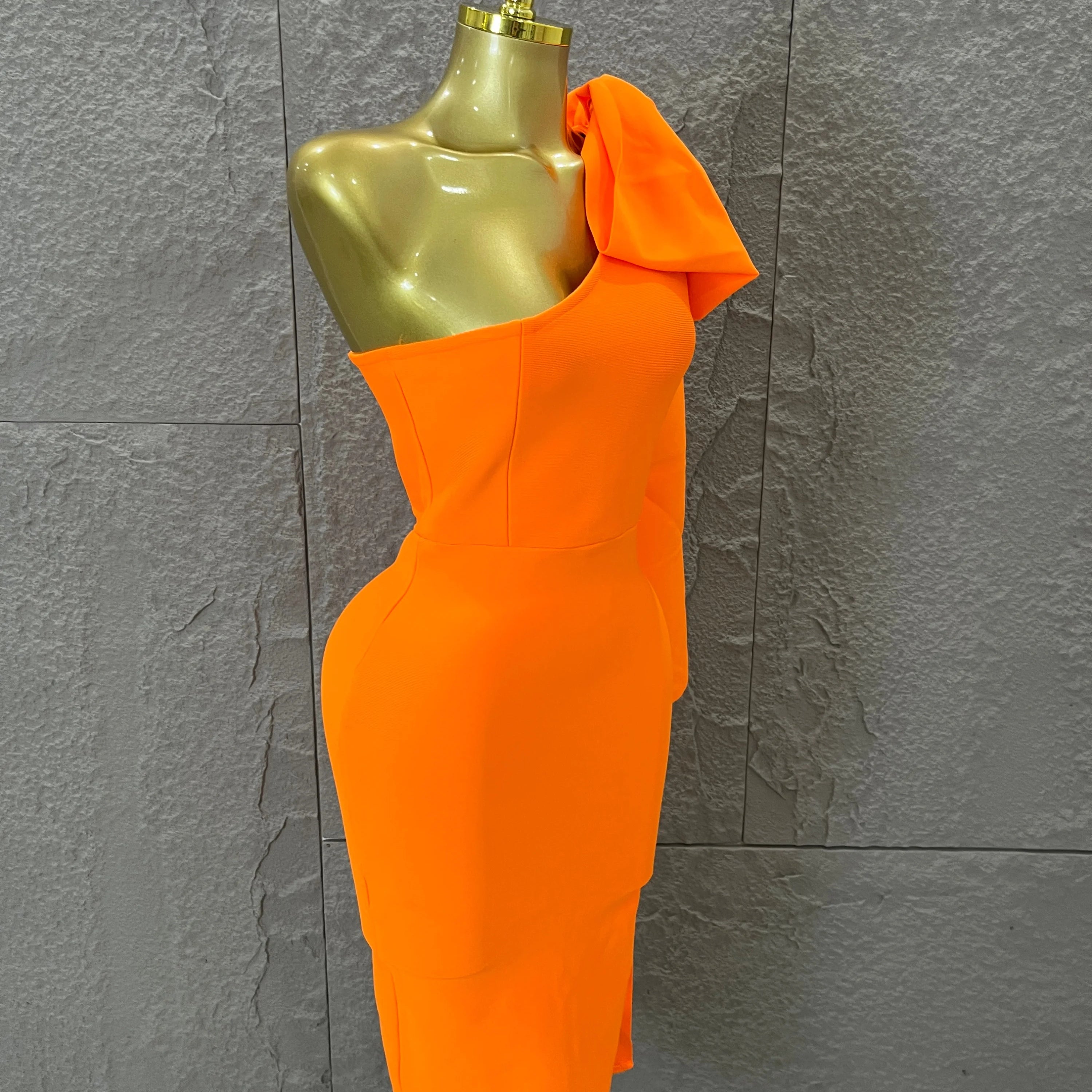 Vibrant Orange Single Sleeve Bow Shoulder Bandage Dress Slim Fit Midi Evening Birthday Nightclub Banquet Formal Dinner Outfit
