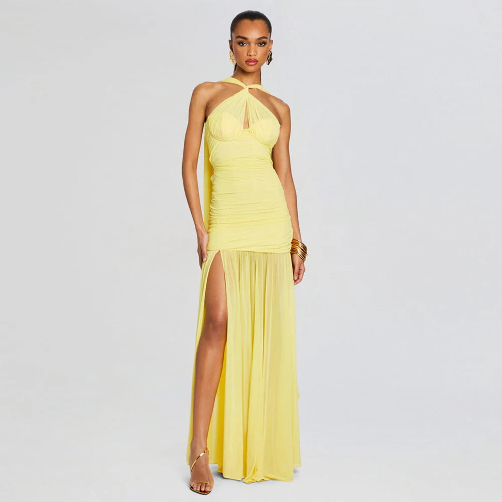 Yellow Color Women Sexy Halter Off the Shoulder Bodycon Long Mesh Dress Celebrate Birthday Party Vacation Girls' Dress