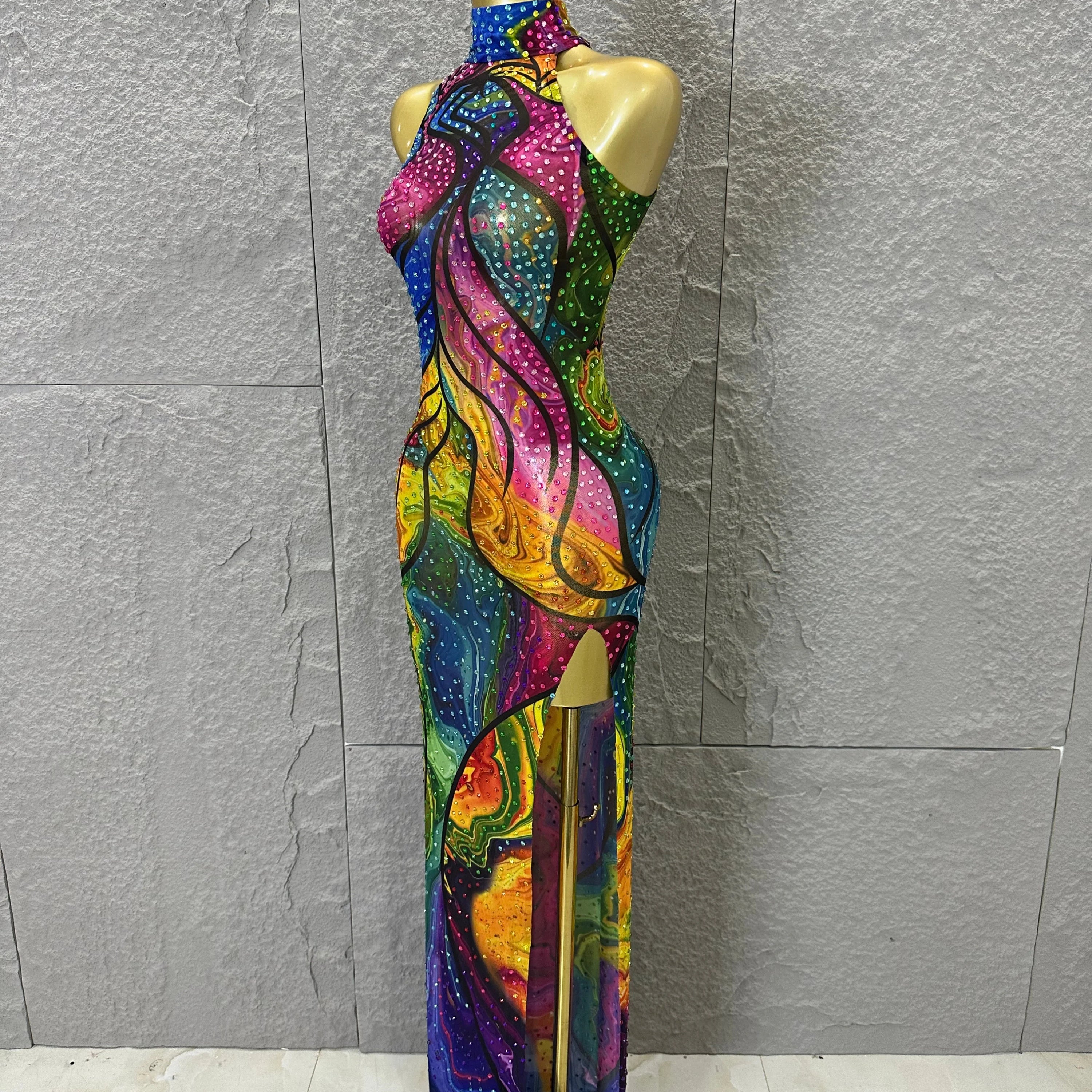 Elegant Sheer Mesh Colorful Halter Neck Maxi Dress Women Sexy Crystal High Slit Form-Fitting Evening Party Formal Event Dress
