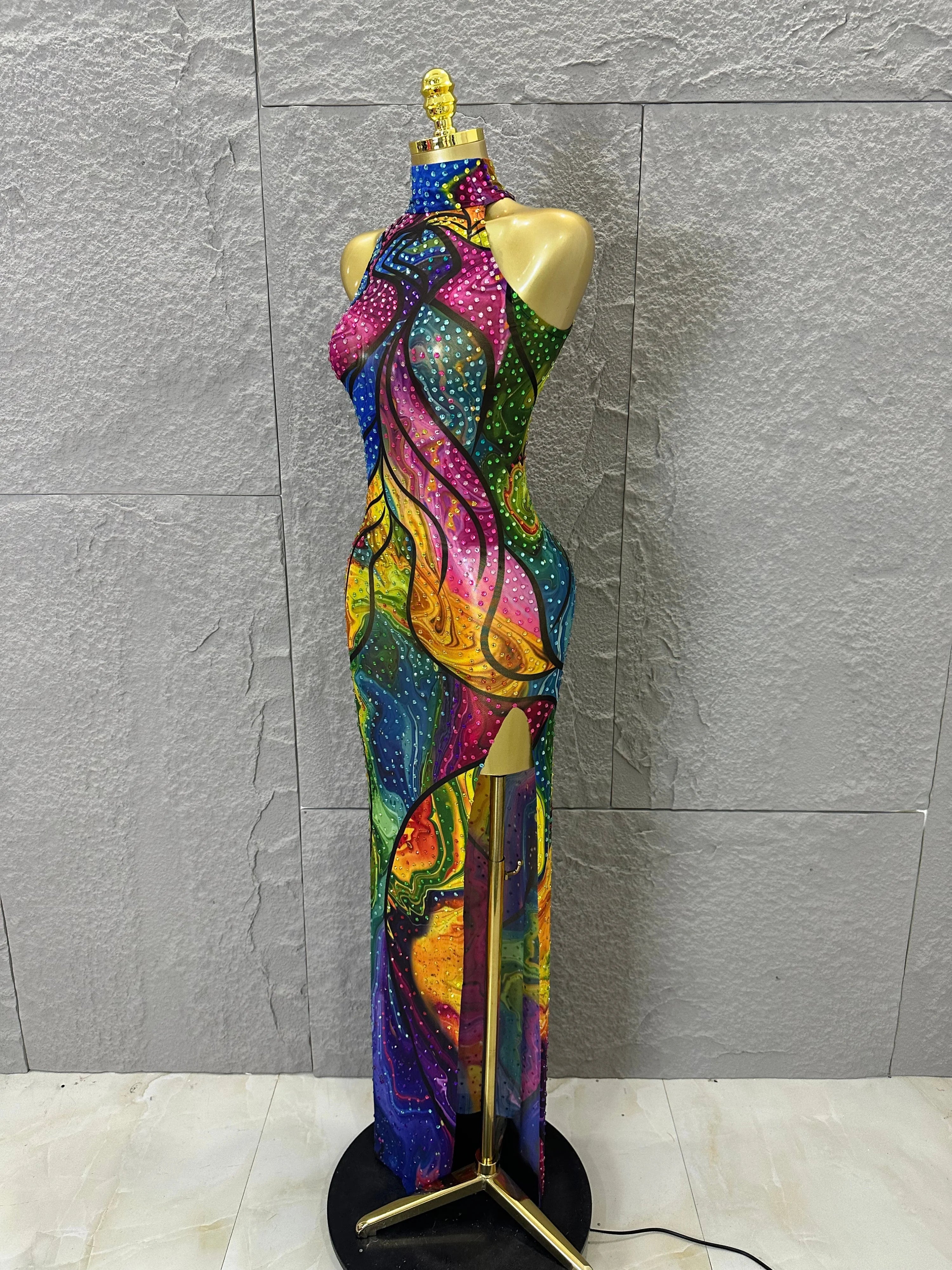 Elegant Sheer Mesh Colorful Halter Neck Maxi Dress Women Sexy Crystal High Slit Form-Fitting Evening Party Formal Event Dress