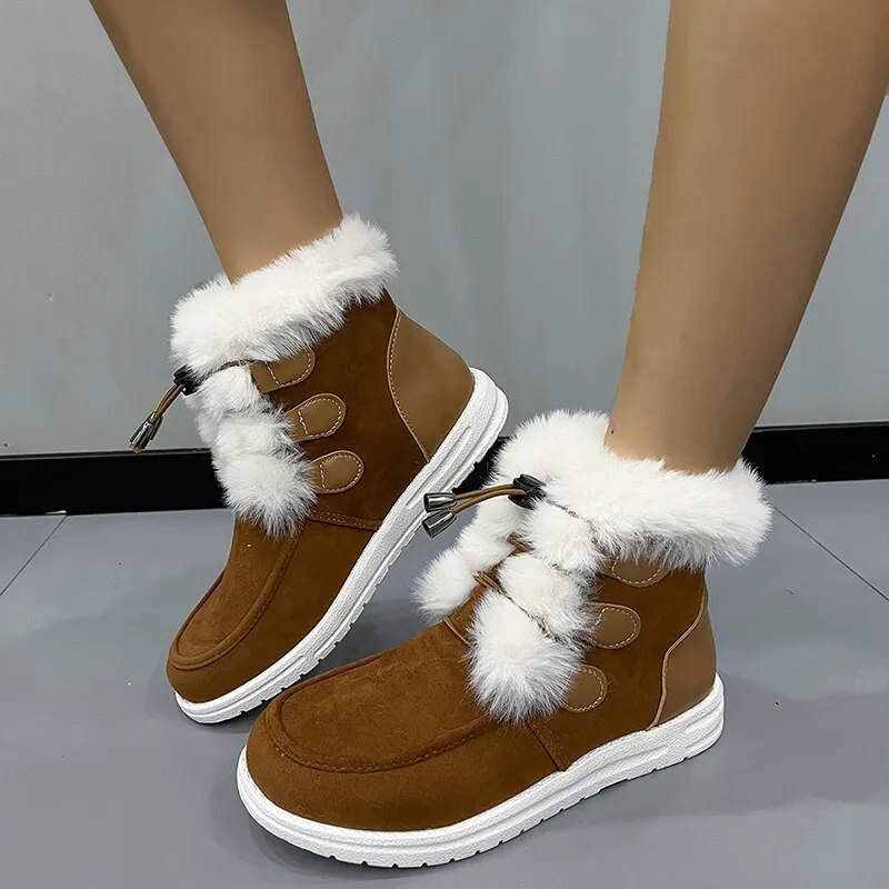 Women's Snow Boots 2024 Faux Fur Long Plush Ankle Boots Women Elastic Band Warm Winter Botas Mujer Non-Slip Cotton Padded Shoes Auburn