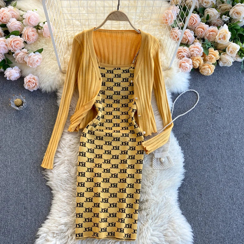 Women Dress Set Spring Autumn Fashion Y2K Knitted Chains Straps Mini Dress + Full Sleeve Cardigans Coats