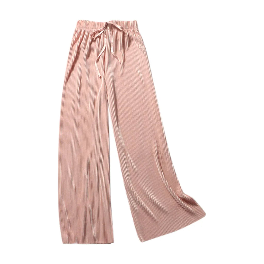Women Pants Summer Spring Ice Silk Fashion Tide Korean Casual Cropped Pants Loose Elastic Waist High Pleated Wide Leg E One Size