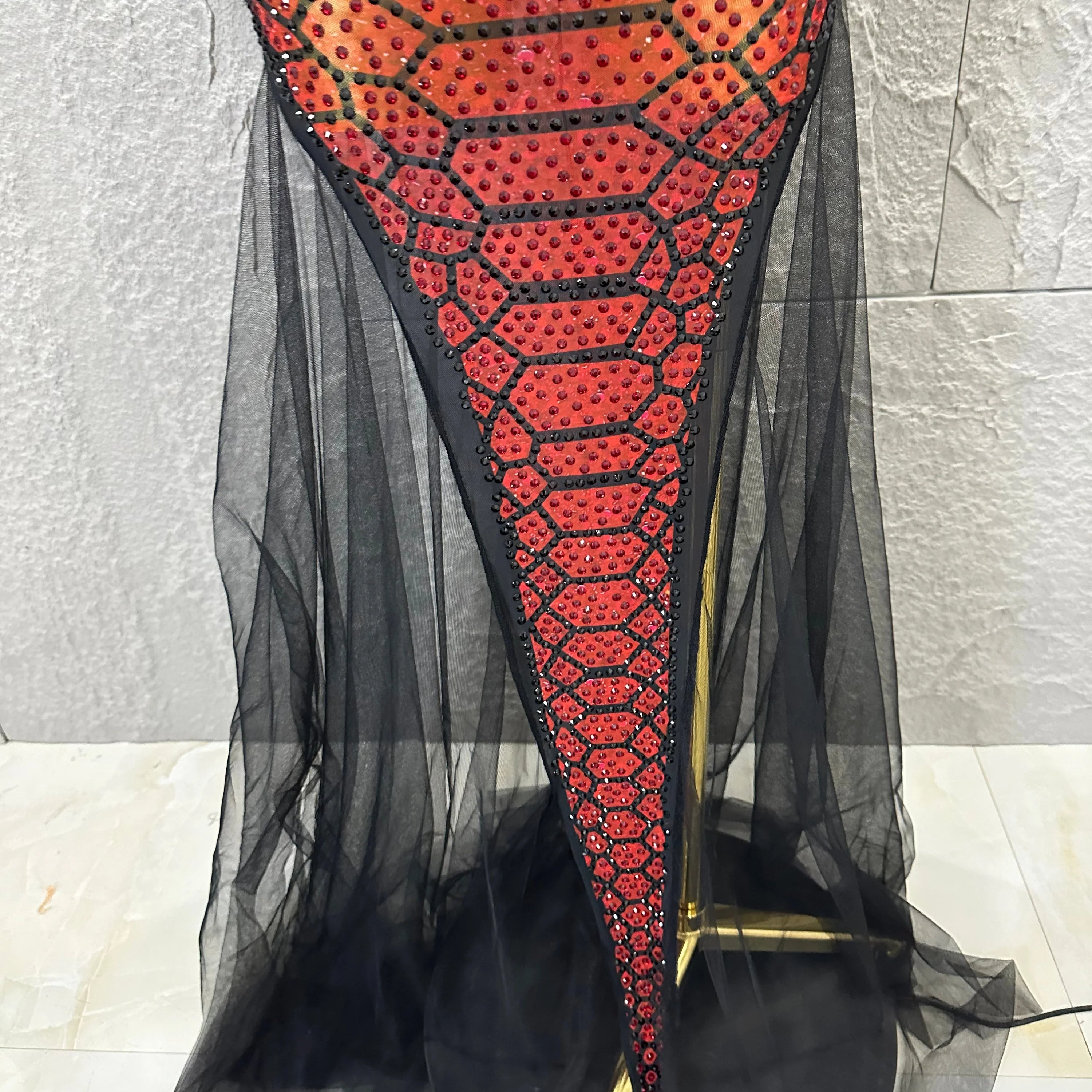 Luxurious Rhinestone Opulent Maxi Dress Women Halter Neck Sheer Mesh Black Red Crystal Embellished Stage Gown