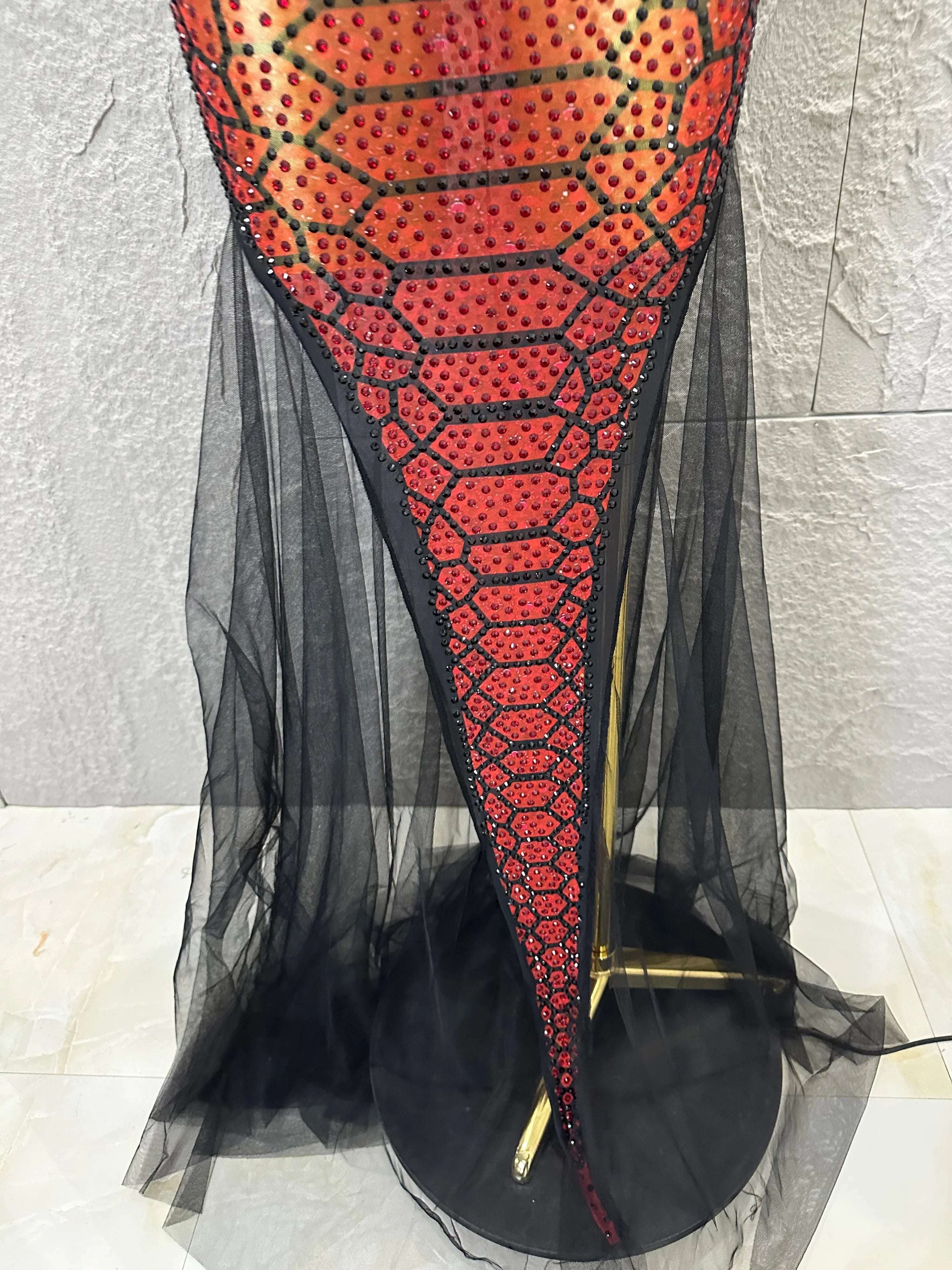 Luxurious Rhinestone Opulent Maxi Dress Women Halter Neck Sheer Mesh Black Red Crystal Embellished Stage Gown