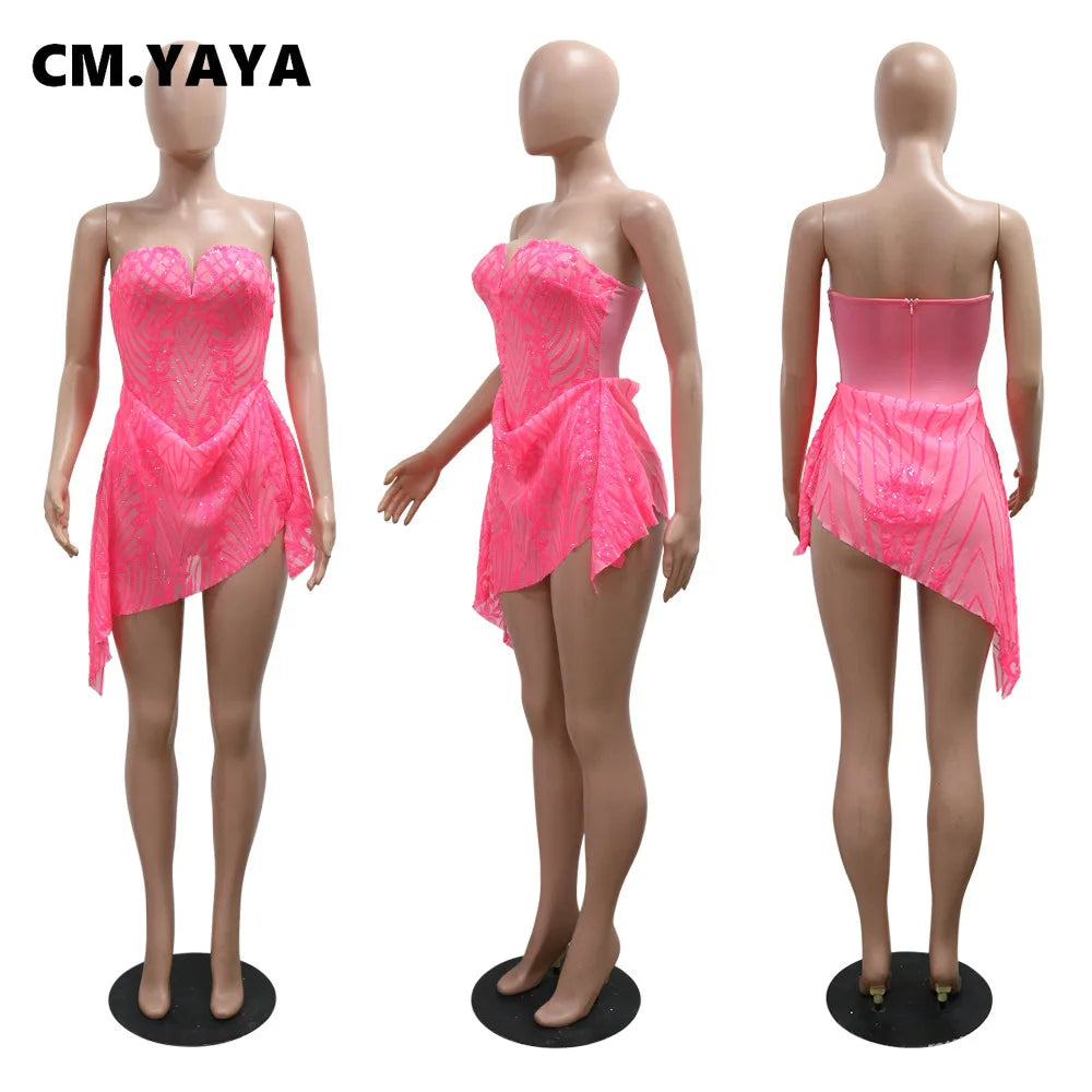 CM.YAYA Women Strapless V-neck Fashion Sequined Sexy Dress Mesh See Through 2024 Summer Night Club Evening Party Mini Dresses