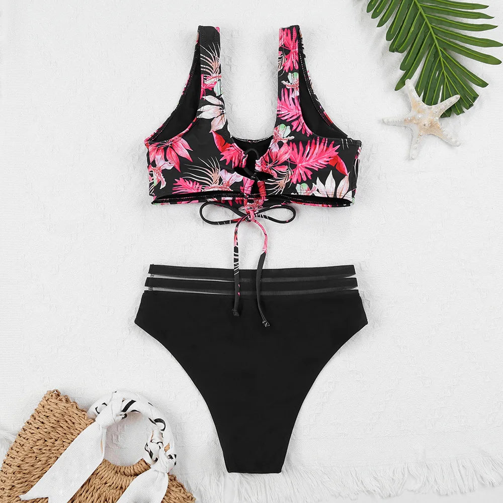 Lace Up High Waist Bikini Woman Swimsuit Women Swimwear Bathing Suit Padded Push Up Floral Print Swimsuit Women Bikini Set