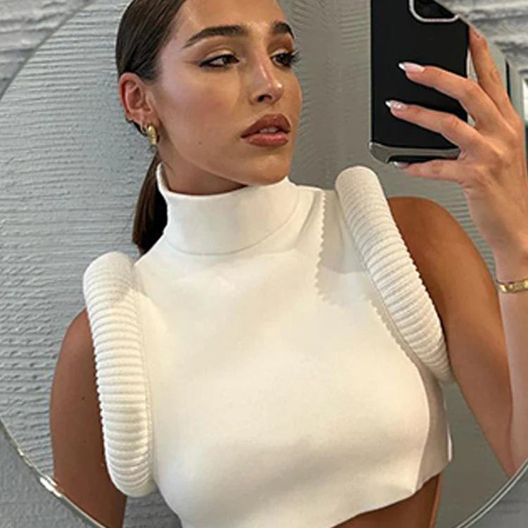 Weird Puss Feather Spliced Women Crop Tops Sleeveless Turtleneck Sexy Basic Vest Summer Hipsters High Street Y2K Rave Partywear WHITE