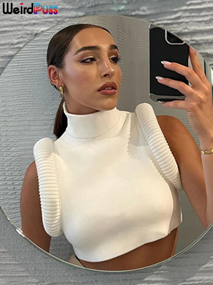 Weird Puss Feather Spliced Women Crop Tops Sleeveless Turtleneck Sexy Basic Vest Summer Hipsters High Street Y2K Rave Partywear WHITE