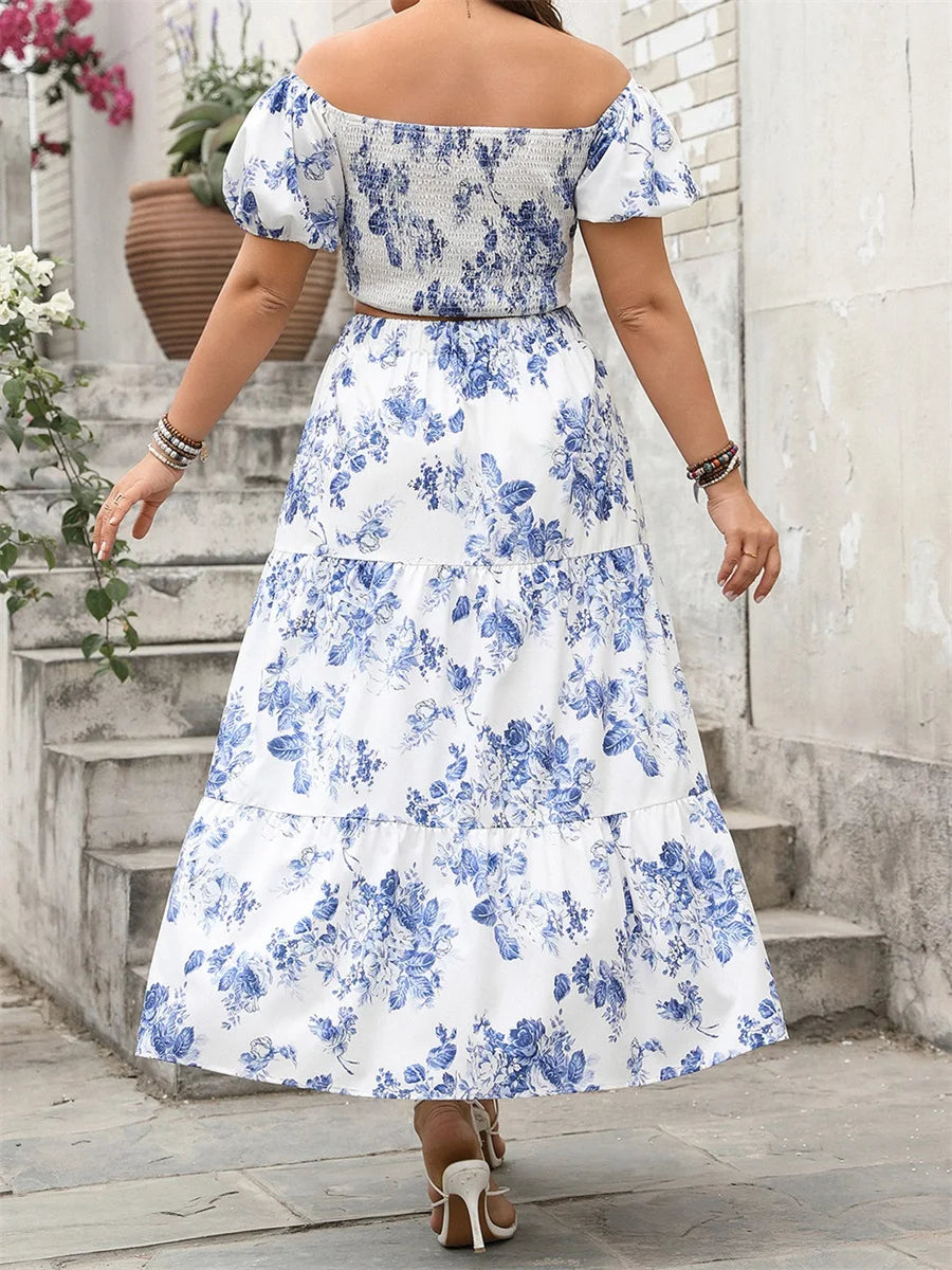 2025 Summer Womens Plus Size Skirts Outfits Floral Print V-Neck Short Sleeve Tops Elastic Waist Long Skirts Clothes 2 Pieces Set