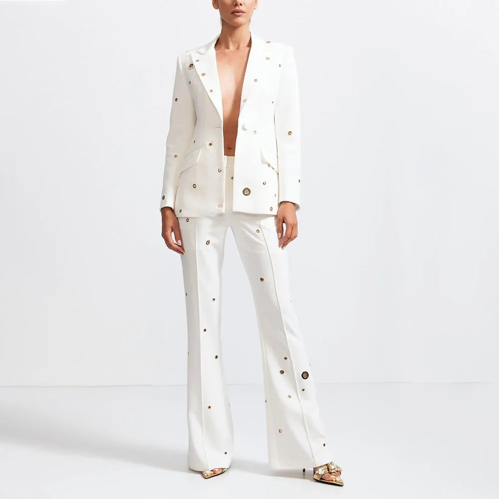 Casual Hollow Out Two Piece Sets For Women Notched Collar Long Sleeve Blazer High Waist Pant Loose Set Female Style WHITE