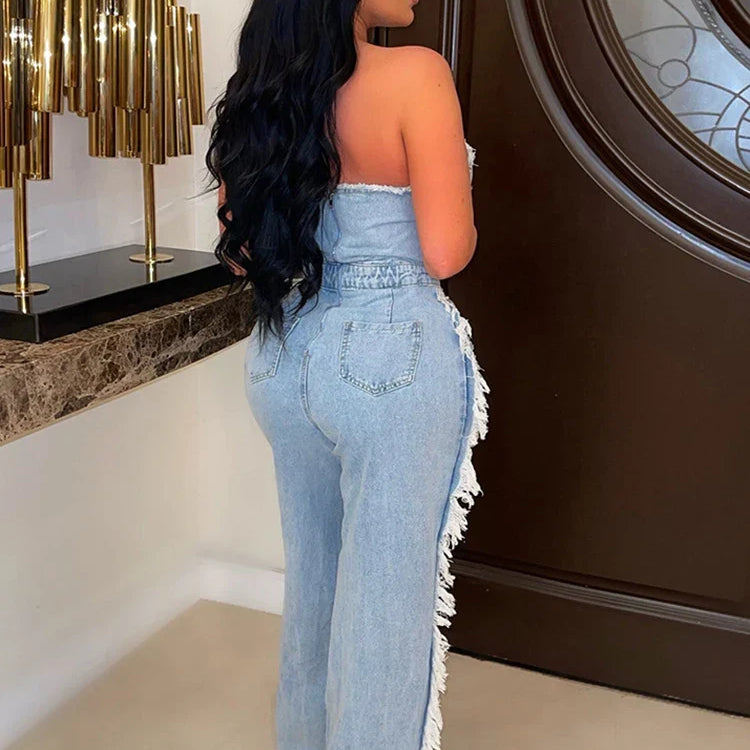 Sibybo Tassel Hollow Out Overalls For Women Studded Diamond Strapless Backless Jeans Street Fashion Trend Jumpsuite Femme
