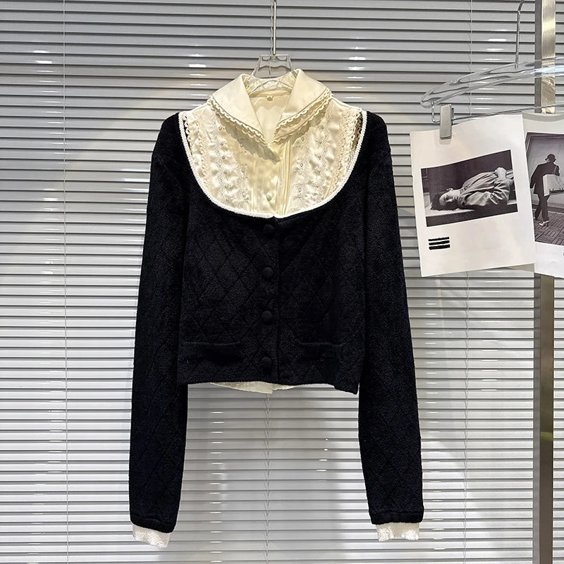 Winter New Sweet Fashionable Lace Turn-Down Collar Vest Elegant Knitted Sweater Two-Piece Set For Women 11A07525 as shown