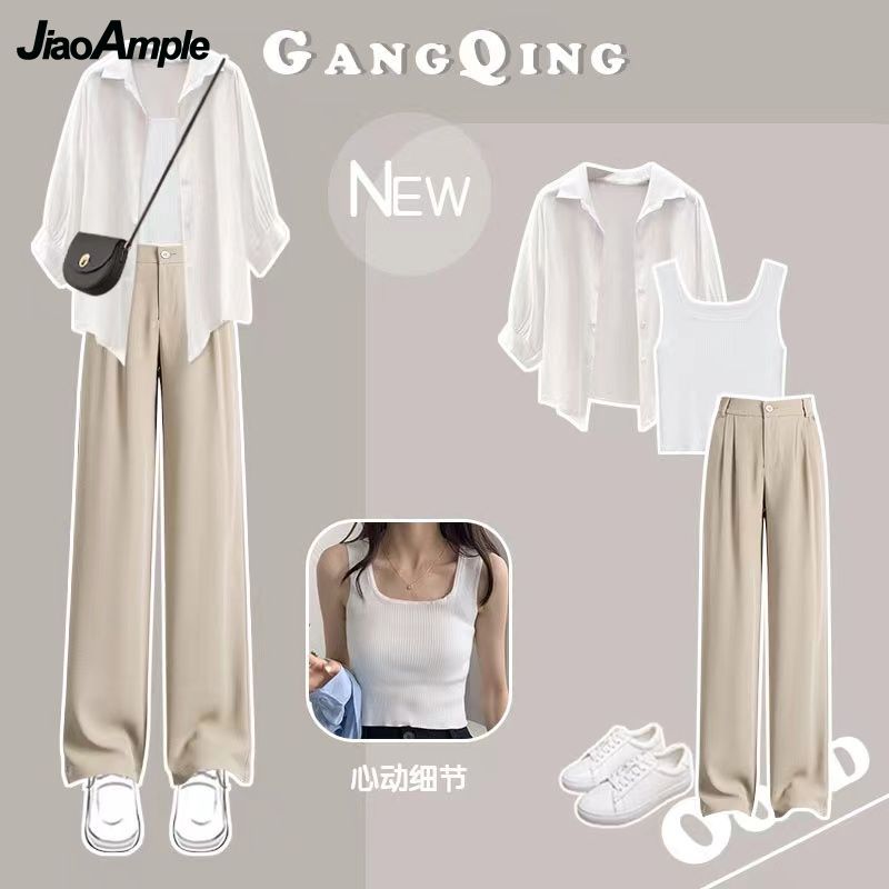 Women's Summer Suit 2024 New Casual Sunscreen Shirt Top+Strap+Casual Pants 3 Piece Korean Elegant Blouse Trousers Matching Set