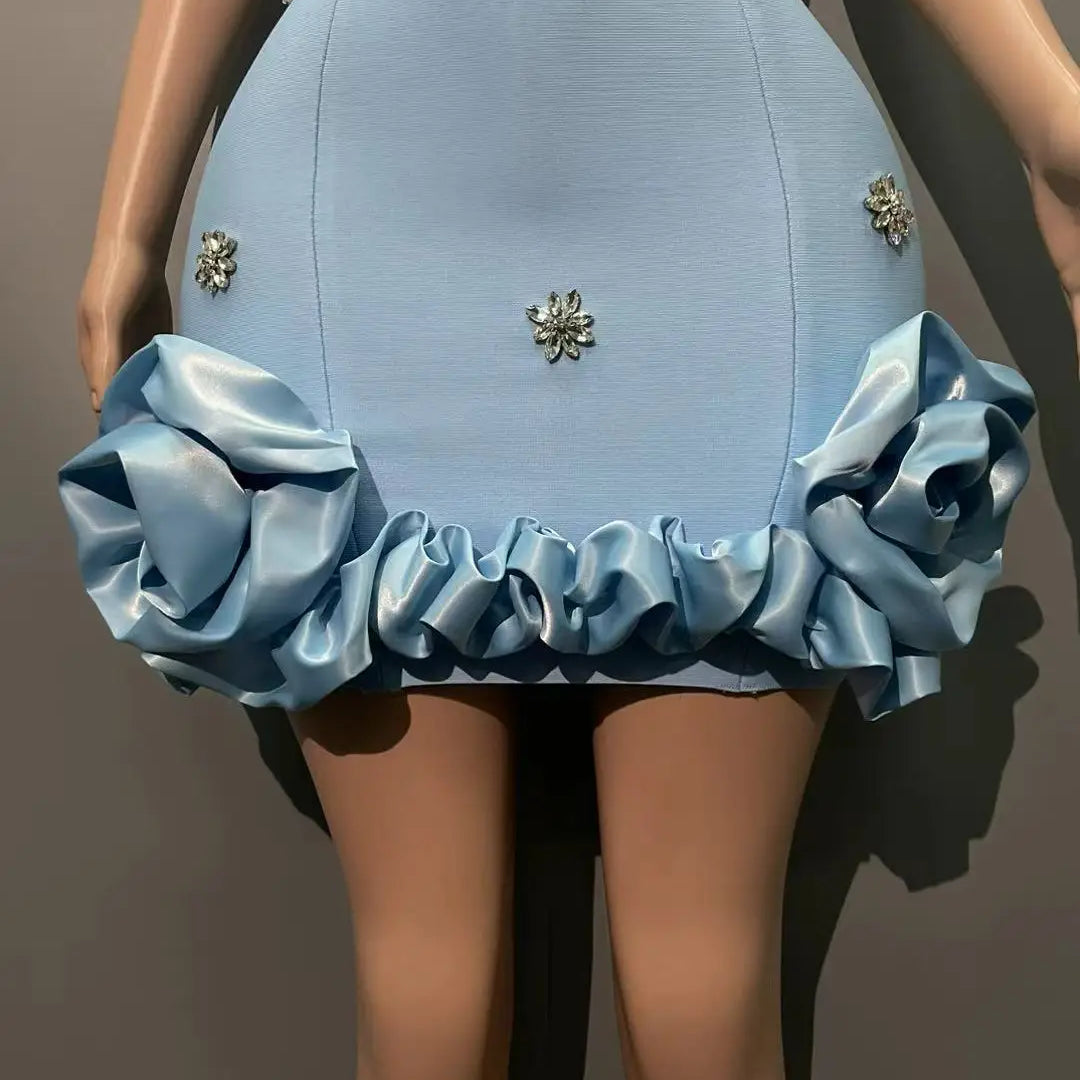 New STyle Skyblue Women Sleeveless Big O-Neck Bodycon Mini Bandage Dress Ruffles Cute Birthday Party Celebrate Dress