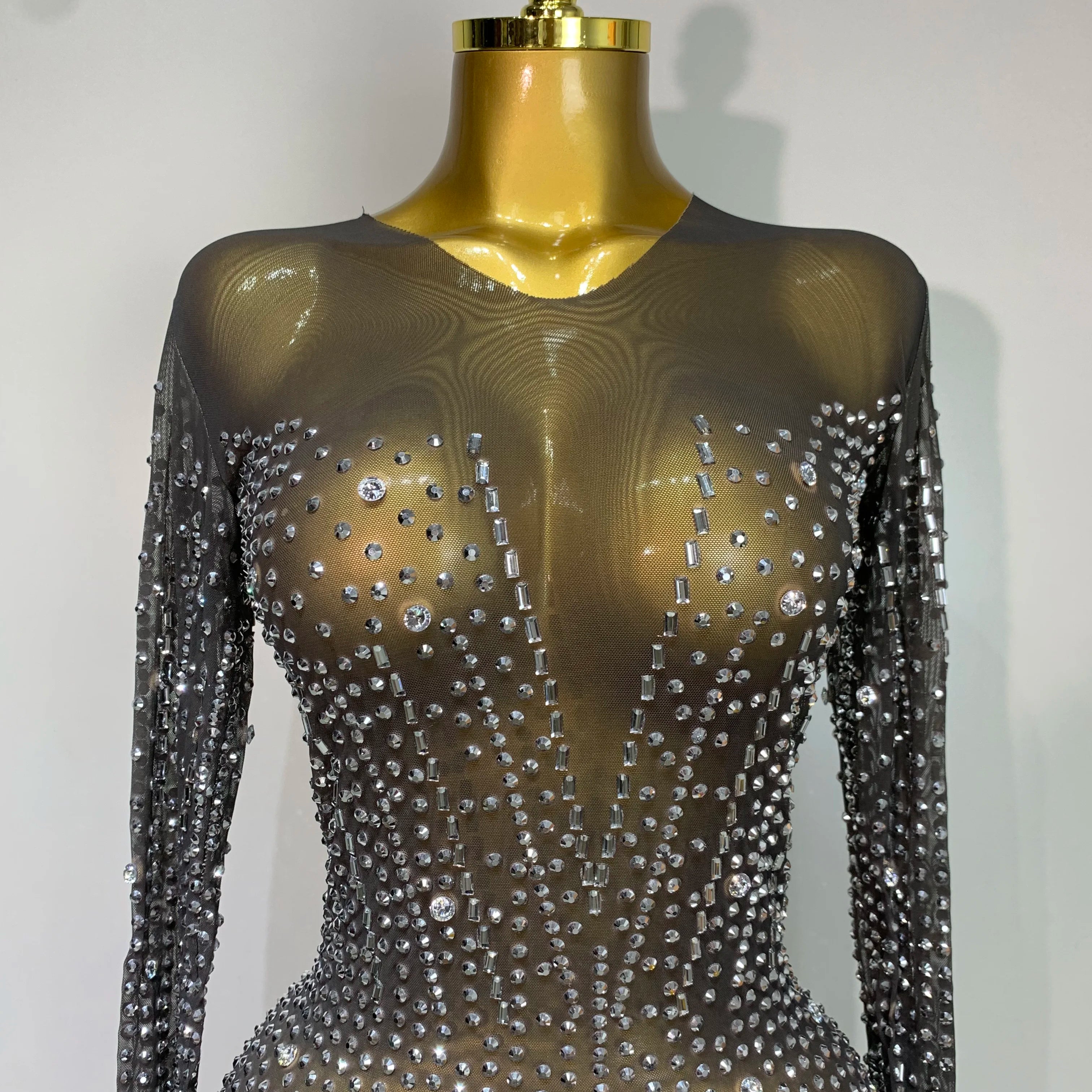 Women Sexy Long Sleeve Mesh See Through Dress 2025 Elegant Evening Party Luxury Birthday Club Rhinestone Performance Costume
