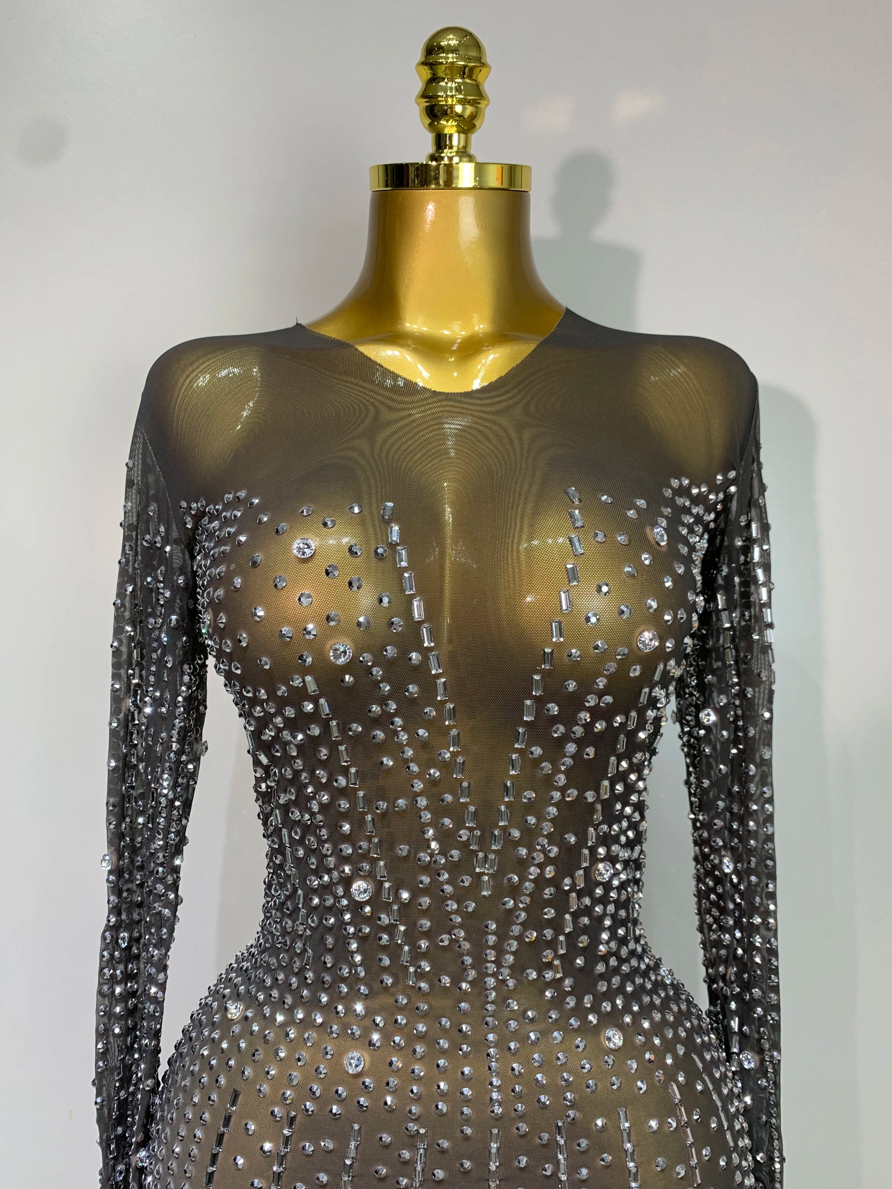Women Sexy Long Sleeve Mesh See Through Dress 2025 Elegant Evening Party Luxury Birthday Club Rhinestone Performance Costume