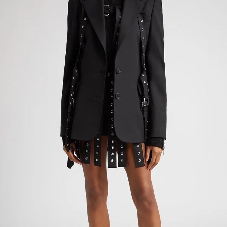 Solid Patchwork Belts Blazers For Women Notched Collar Long Sleeve Patchwork Single Breasted Chic Blazer Female New