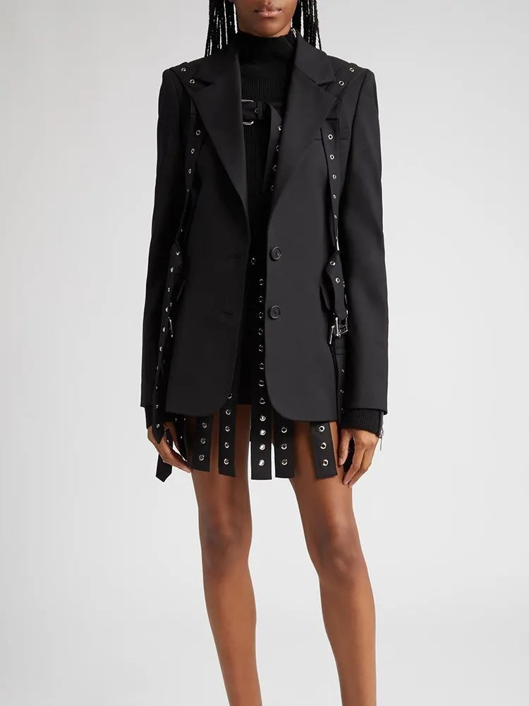 Solid Patchwork Belts Blazers For Women Notched Collar Long Sleeve Patchwork Single Breasted Chic Blazer Female New