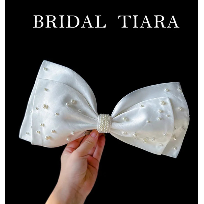 New white bow Beaded Bridal hair decoration wedding brides clips hairpin hair accessories Rhodium Plated WHITE