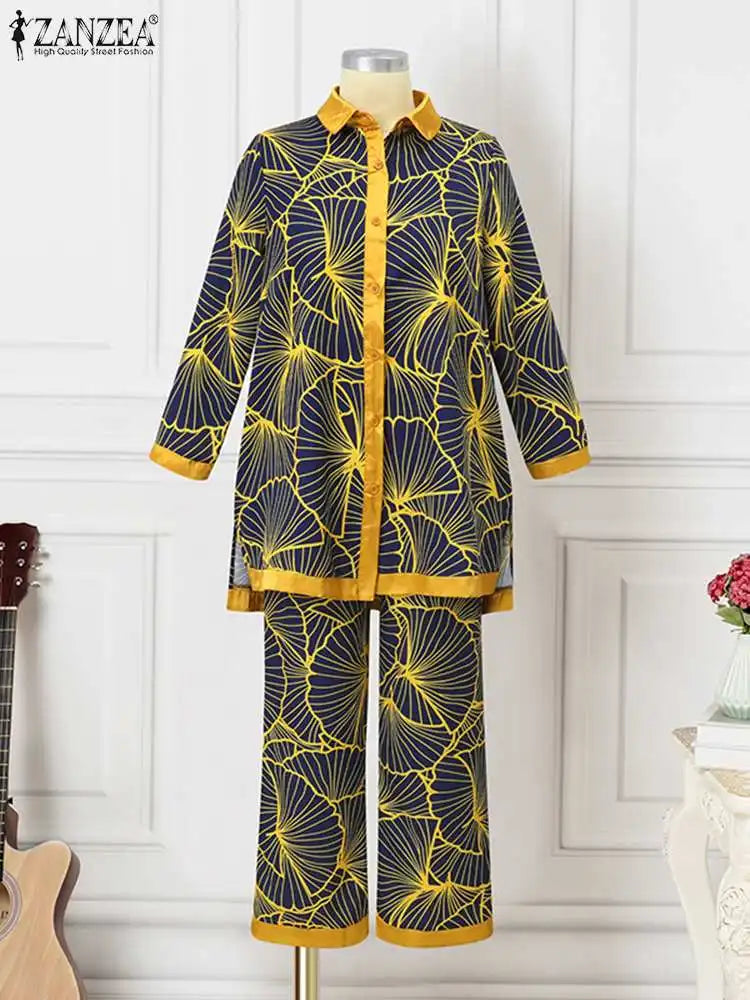 Fashion Retro Printed 2pcs Pant Sets ZANZEA Holiday Long Sleeve Lapel Shirts Outfits Elegant Women Long Trouser 2023 Tracksuit