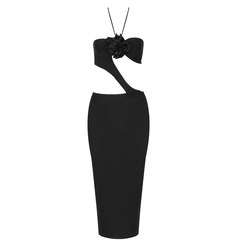 Black Color Women Sexy Halter Bodycon Midi Dress Rayon Bandage Fashion Runway Sexy Nightclub Party Dress High Quality black