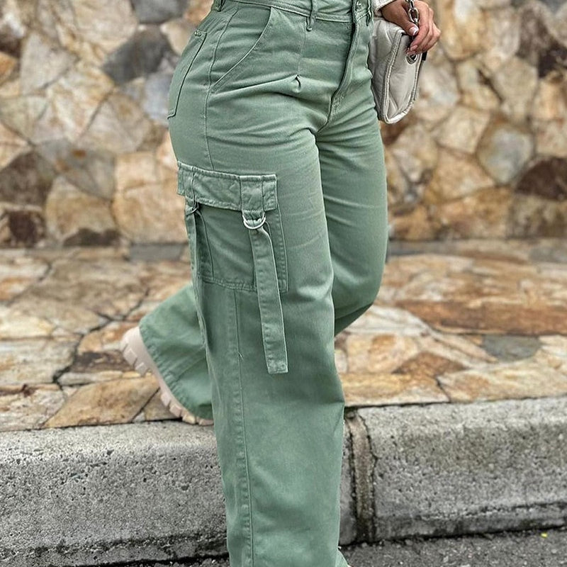 Pocket Design High Waist Cargo Pants Women Solid Color Summer Spring Pants Safari Army Green