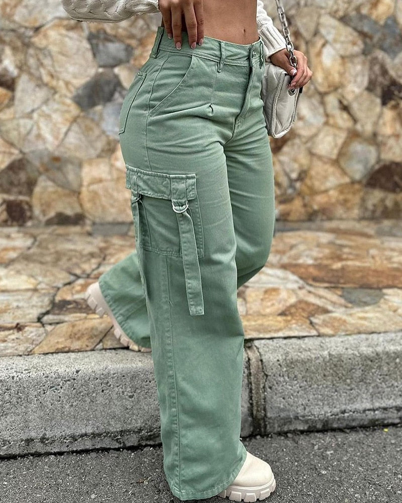Pocket Design High Waist Cargo Pants Women Solid Color Summer Spring Pants Safari Army Green