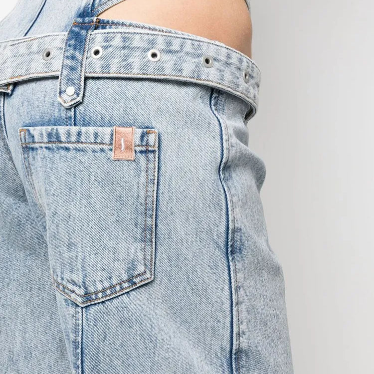 Casual Cut Out Denim Trousers For Women High Waist Patchwork Belt Vintage Streetwear Jean Female Fashion Clothing