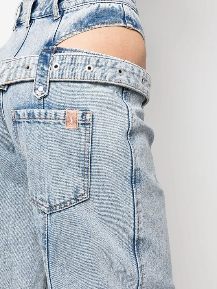 Casual Cut Out Denim Trousers For Women High Waist Patchwork Belt Vintage Streetwear Jean Female Fashion Clothing