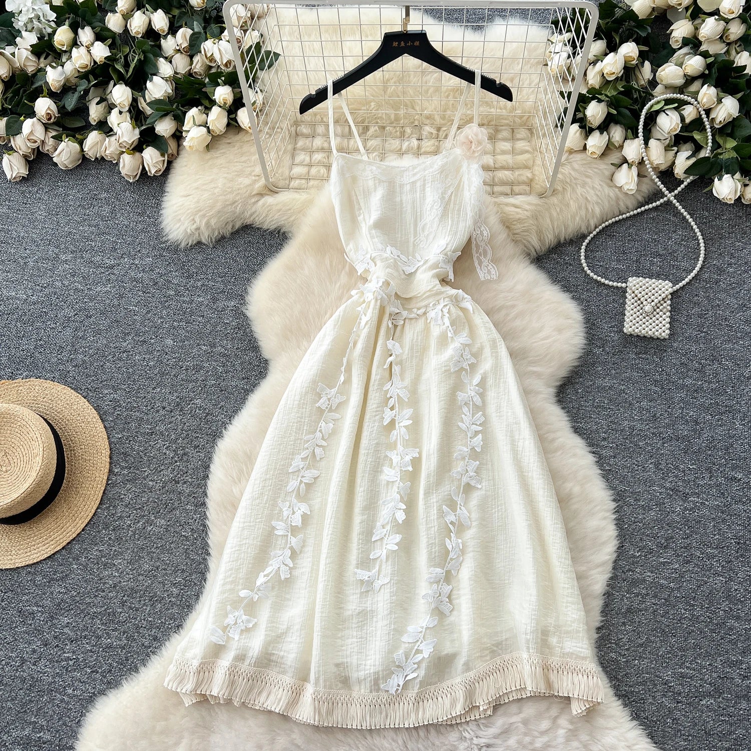 Chic Three-dimensional floral Embroidered lace Elegant Korean Fashion Fairy Sexy High Waist Summer Women Beach Vacation Robe Apricot