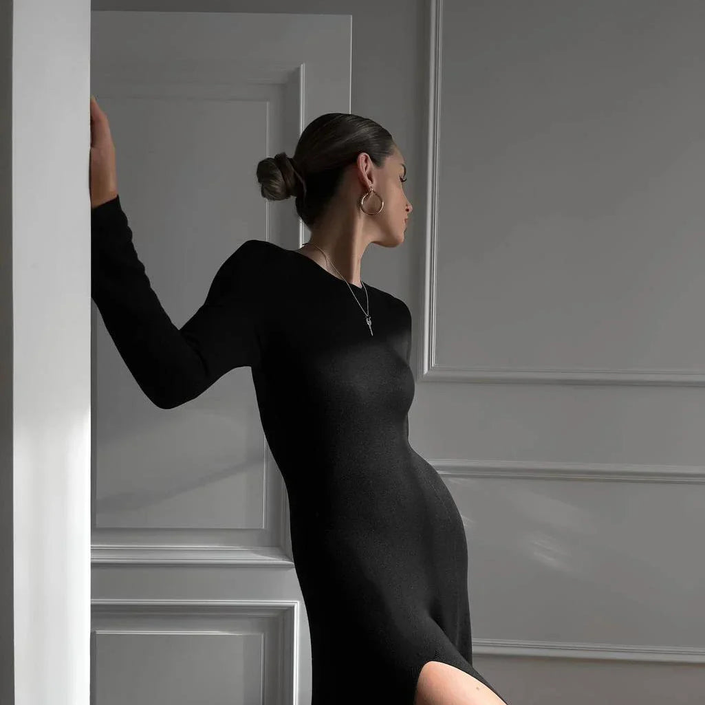 Hirsionsan Sleeveless Autumn Winter Skinny Split Sweater Dresses Women Soft Elegant Solid Knit Dress Female New Clothing Black longsleeve