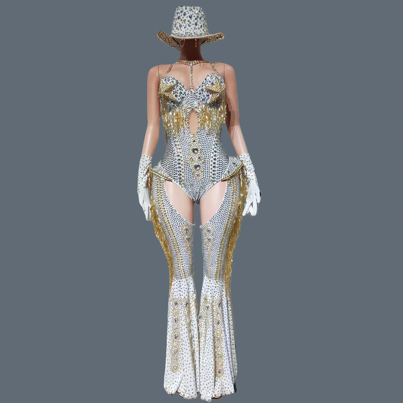 Women Sparkly Rhinestone Bodysuit 4Pieces Set Night Party Cowboy Show Outfit Cabaret Carnival Showgirl Sexy Jumpsuit Hongding white jumpsuit set