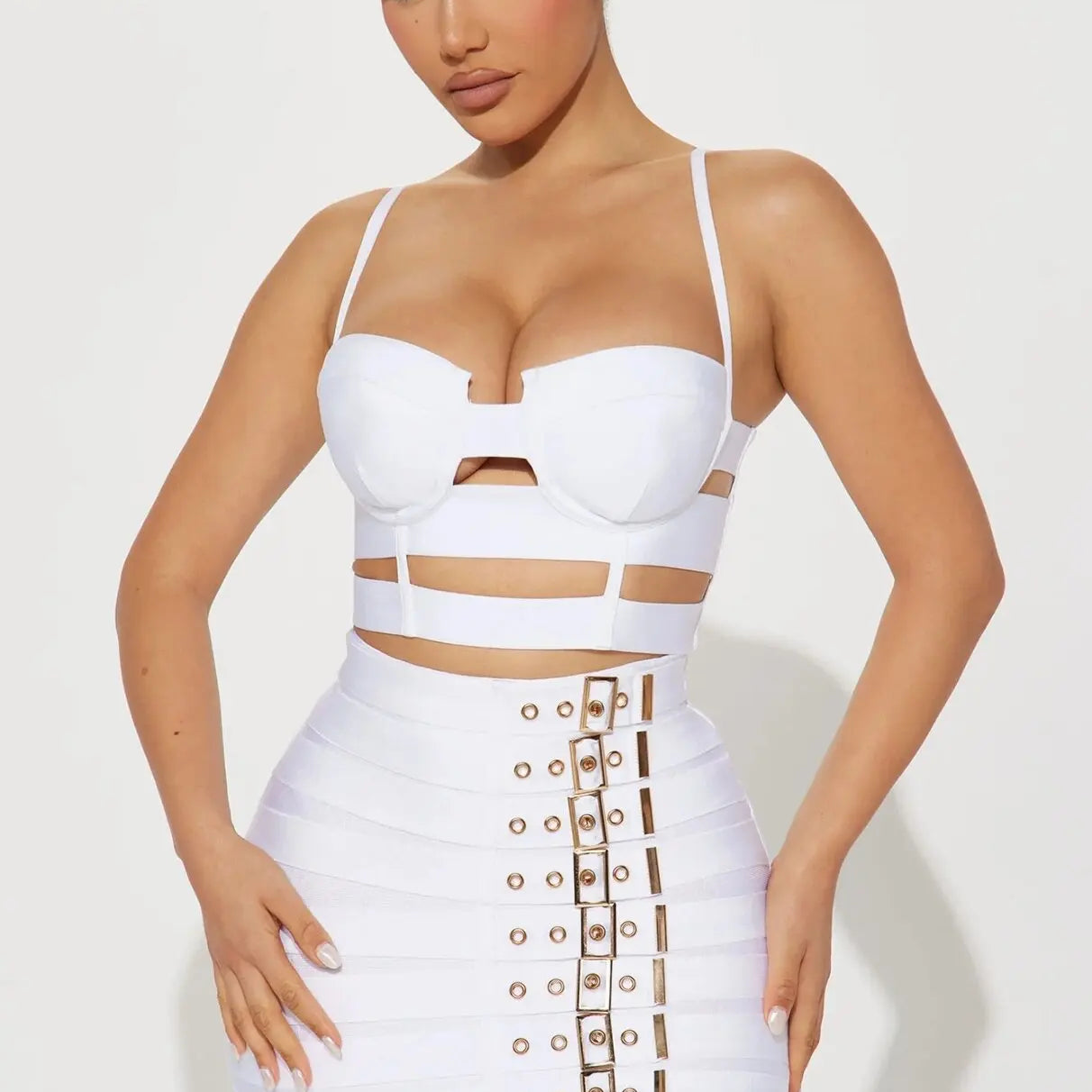 2023 Women Sexy Bandage Tops Fashion Pencil Skirts Set Nightclub Party Celebrate Women's Set High Quality WHITE