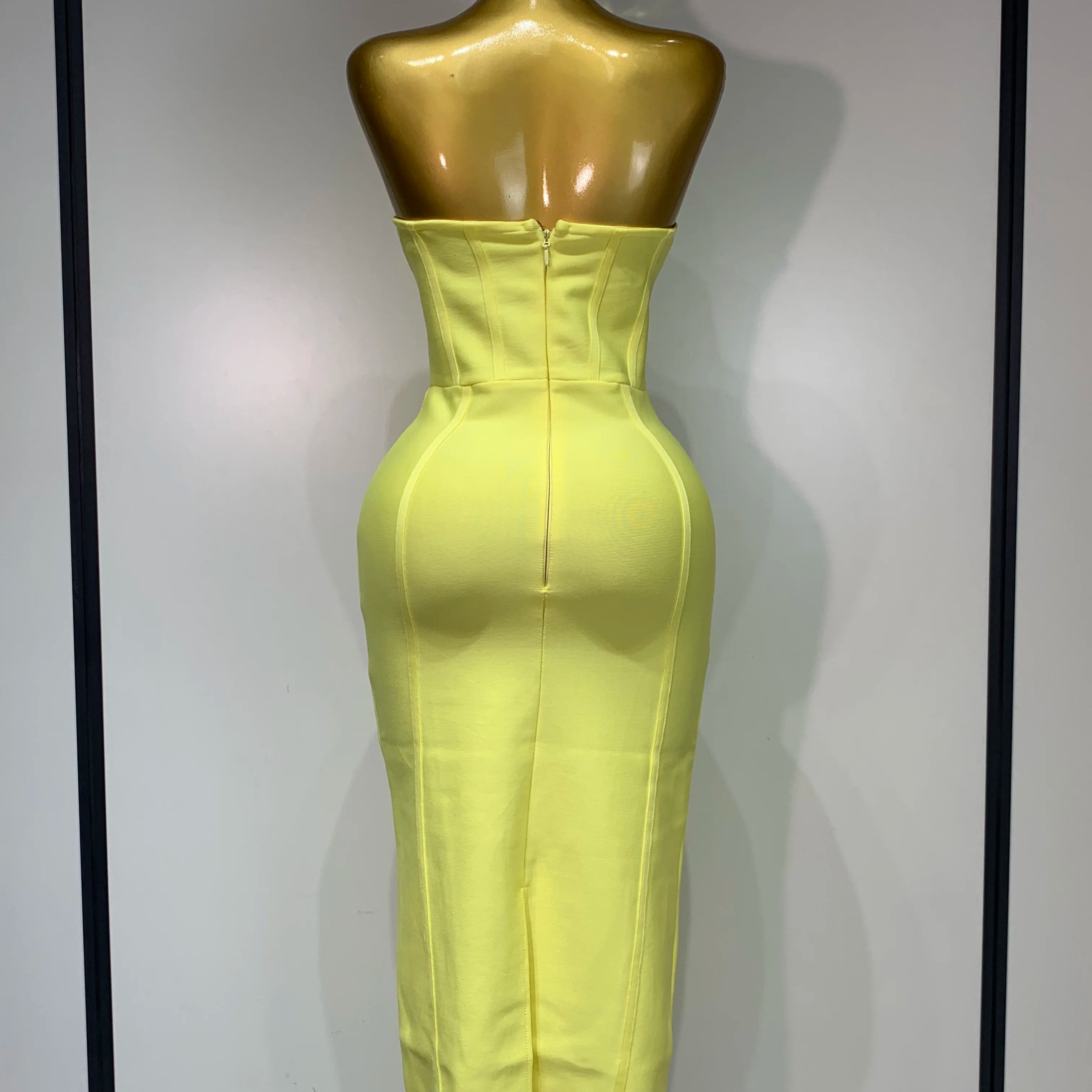 Newest 2025 Women Strapless Sexy Yellow Stretch Bodycon Bandage Dress Elegant Evening Party Luxury Birthday Celebrity Prom Gown