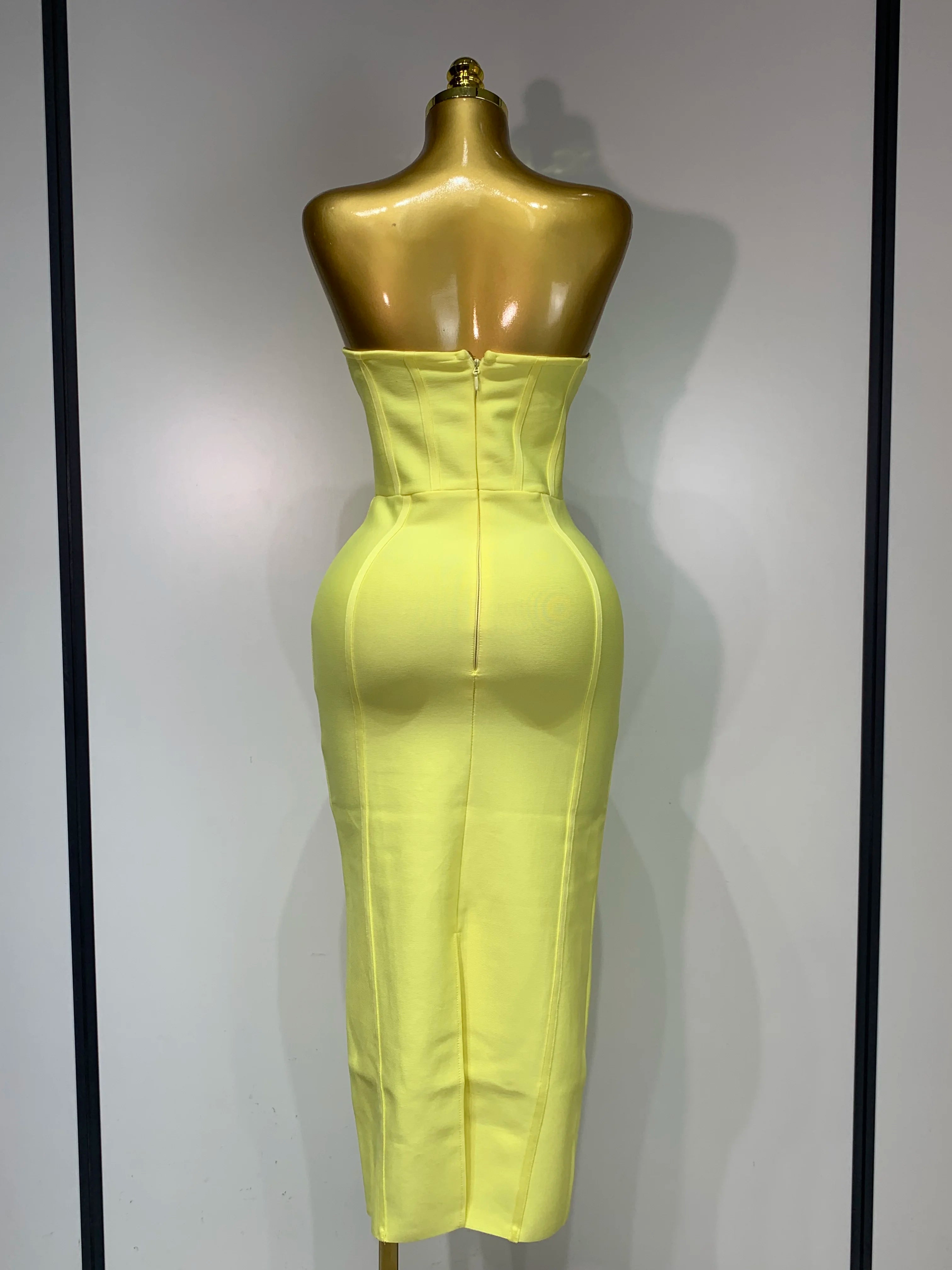 Newest 2025 Women Strapless Sexy Yellow Stretch Bodycon Bandage Dress Elegant Evening Party Luxury Birthday Celebrity Prom Gown