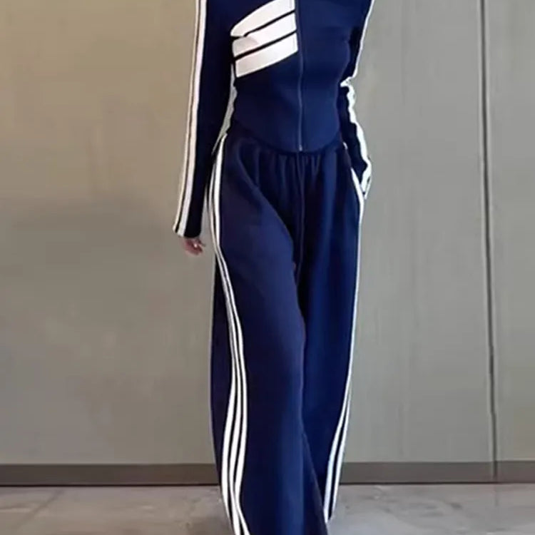 Striped Sports Set Women's Autumn/Winter Fashion Contrast Color Zipper Coat Long Sleeve Casual Wide Leg Pants Two Piece Set