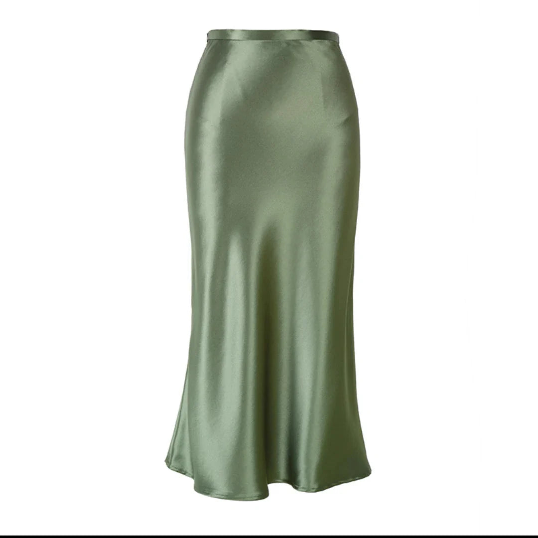 WYWM Summer High Waisted Satin Silk Skirt Women Solid 8 Color Fashion Elegant Ladies Streetwear Skirts Slim A-line Female Dress Green