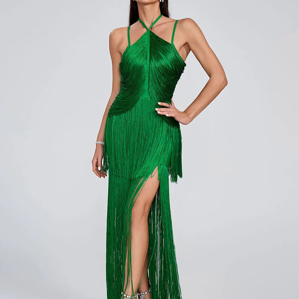 2025 Women Tassel Design Bandage Long Dress Hanging Neck Sleeveless Bodycon Backless Dress Celebrity Evening Club Party Vestidos green