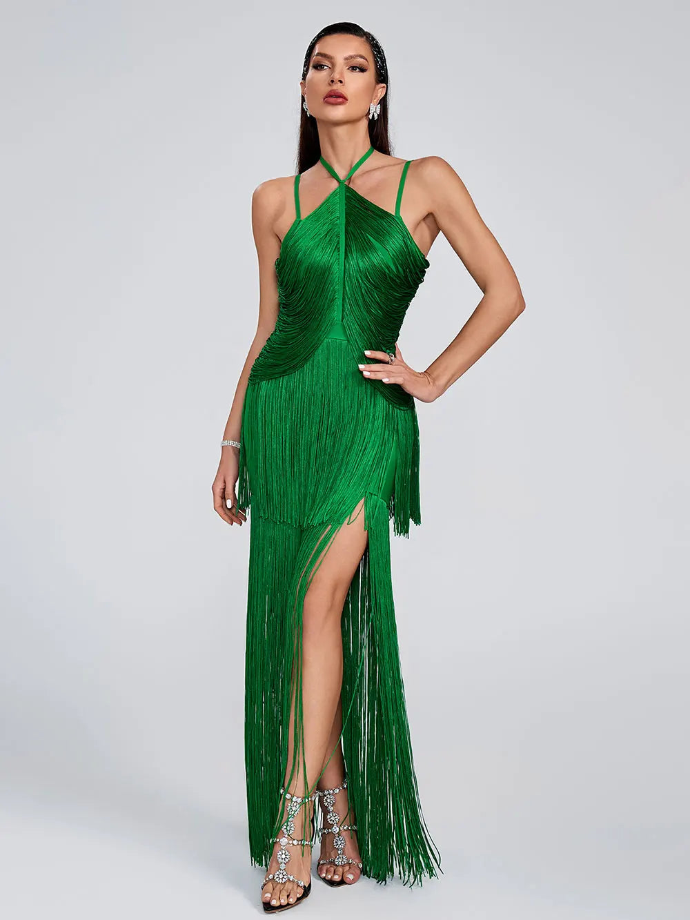 2025 Women Tassel Design Bandage Long Dress Hanging Neck Sleeveless Bodycon Backless Dress Celebrity Evening Club Party Vestidos green